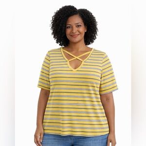 Doe & Rae Mustard Yellow Striped Crisscross Keyhole Top | Size Small